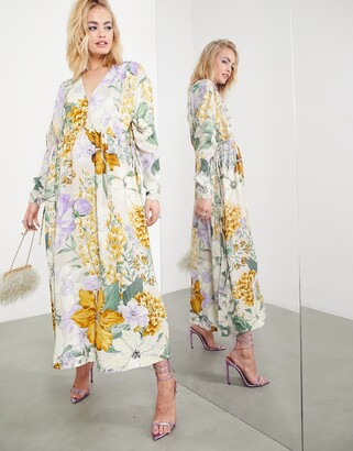ASOS EDITION satin V-neck oversized midi dress with drawstring in large floral print