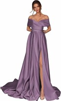 Thumbnail for your product : DELEND Women Sexy Off Shoulder Prom Dress Long Satin Party Dress Empire Waist High Slit Formal Evening Gowns with Pockets Black