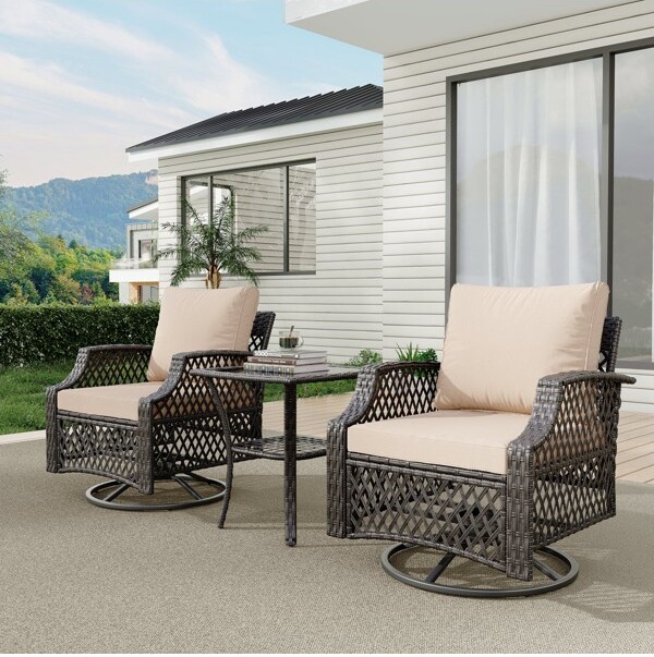 EROMMY3PieceOutdoorSwivelChairSet,WickerPatioBistroSetWithThickened25DCushionsAndGlassCoffeeTable