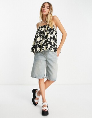 Free People Hot Take printed tired floral cami in black
