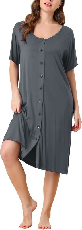 cheibear Women Modal Nighthirt Soft Button Down Nightgown Short Sleeve  Pajama Sleephirt Deep Gray Medium - ShopStyle