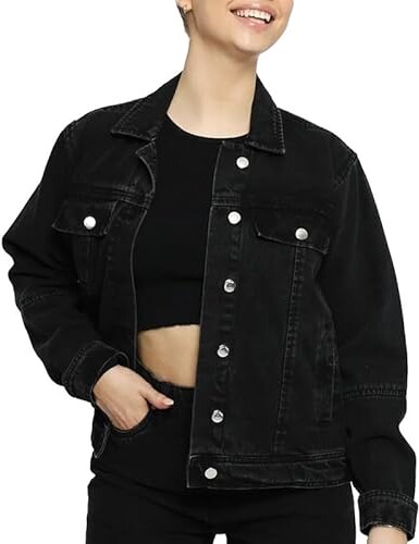 Stretch Denim Black Denim Jacket Womens Uk JMOJO Jean Denim Jacket