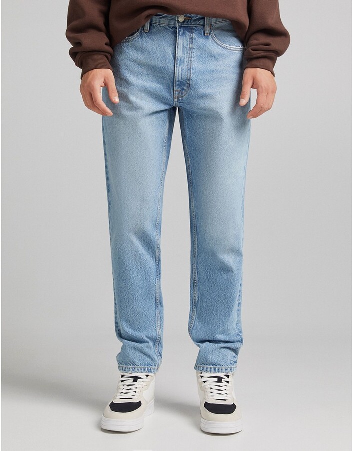 Bershka straight leg jeans in light blue - ShopStyle