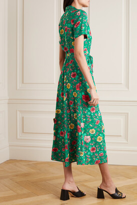 HVN Maria Belted Floral-print Silk Maxi Shirt Dress - Green