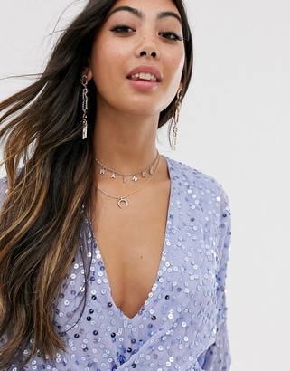 ASOS Petite DESIGN Petite mini dress with batwing sleeve and wrap waist in scatter sequin