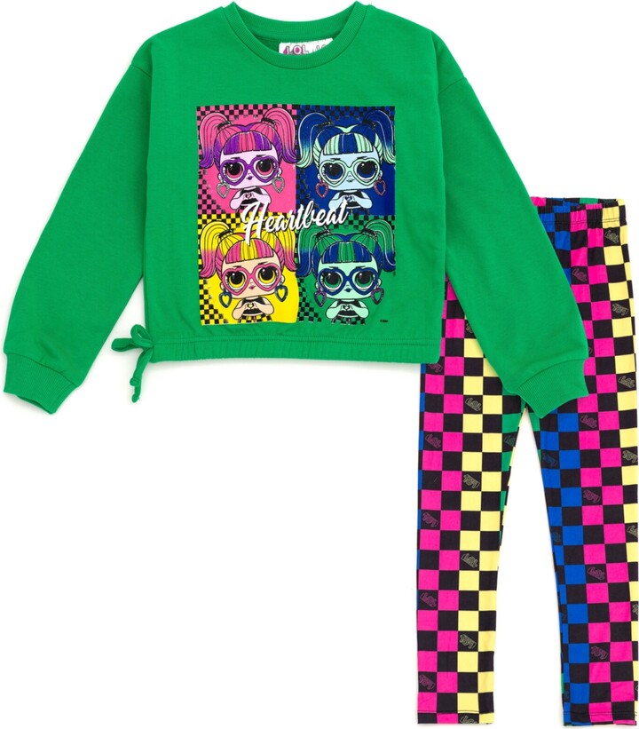 L.O.L. Surprise! Girls French Terry Sweatshirt and Leggings Outfit Set - Green, checked design