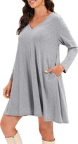 Thumbnail for your product : Roiii Womens Cotton Elastic Long Sleeves Casual Tops V Neck T Shirt Button Longine Tunic Tops Casual Yoga Mini Dress (10-12