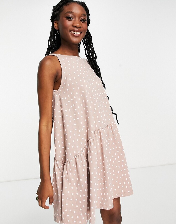 ASOS DESIGN sleeveless smock dress with v back in mink and white