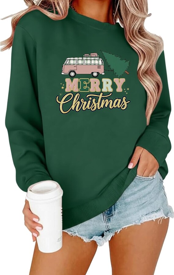 MamaEra Premium Embroidered Christmas Sweatshirt for Women & Men | Cozy Retro Camper Van Holiday Pullover Jumper Forest Green
