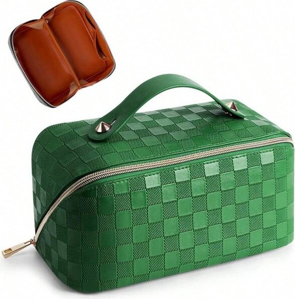 LOVELAY CREATIONS LargeCapacityWaterproofCosmeticBag–PlaidPortableOrganizerwithHandle&Divider(Green)GreenStandard