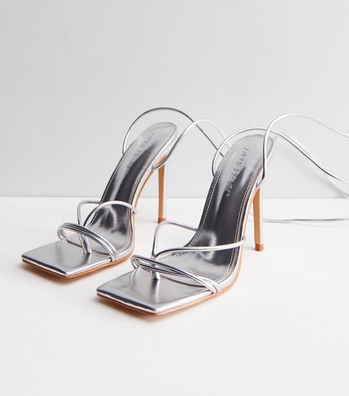 Public Desire Silver Tie Strap Stiletto Heel Sandals ShopStyle