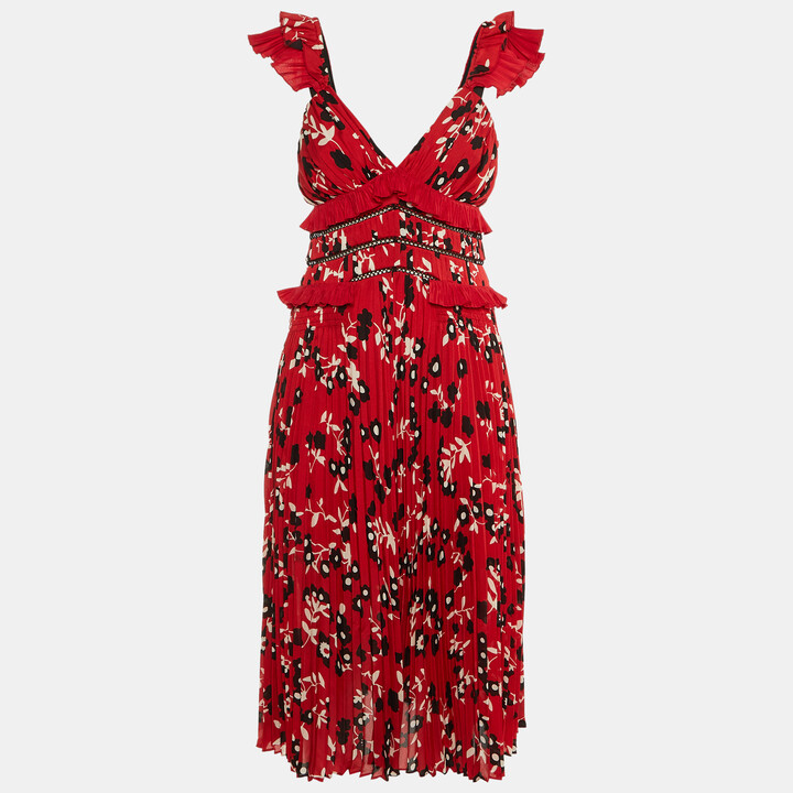Self-Portrait Red Floral Print Crepe Ruffled Midi Dress S
