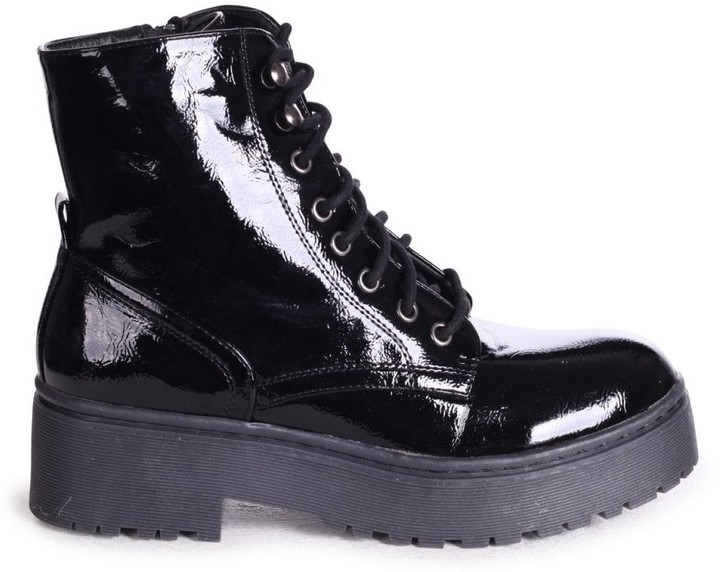 black patient patent military lace up boots with chunky sole