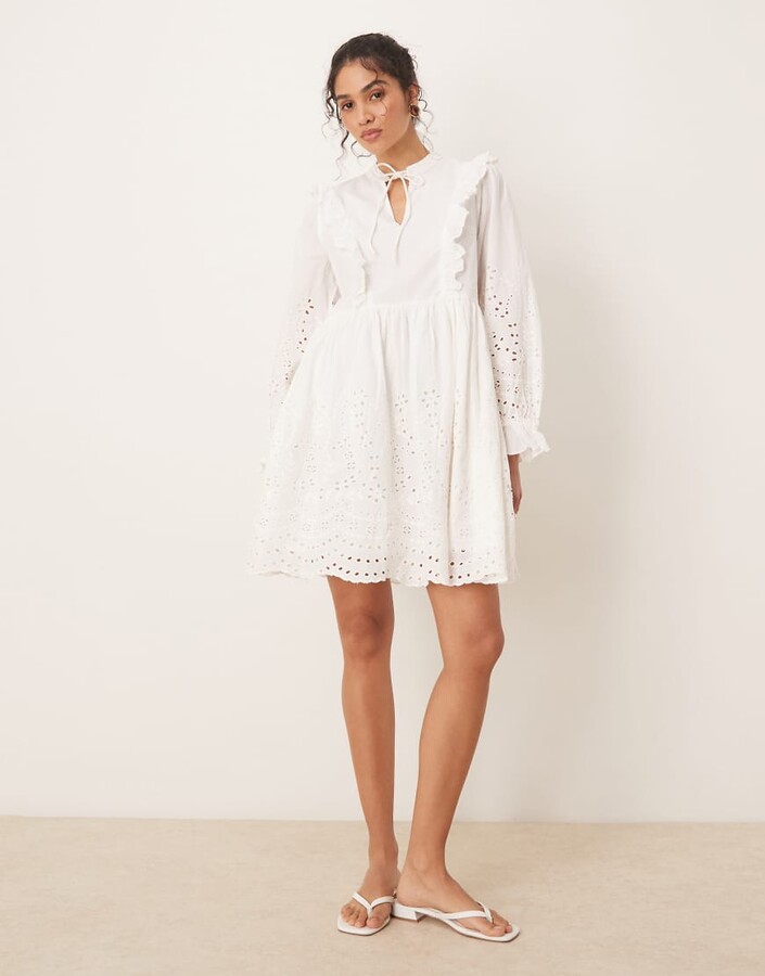 Y.A.S broderie cutwork detail tie neck mini dress in white