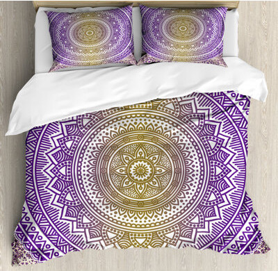 Ambesonne Yellow and Purple Duvet Cover Set Cosmos Mandala Calking Mustard and Purple