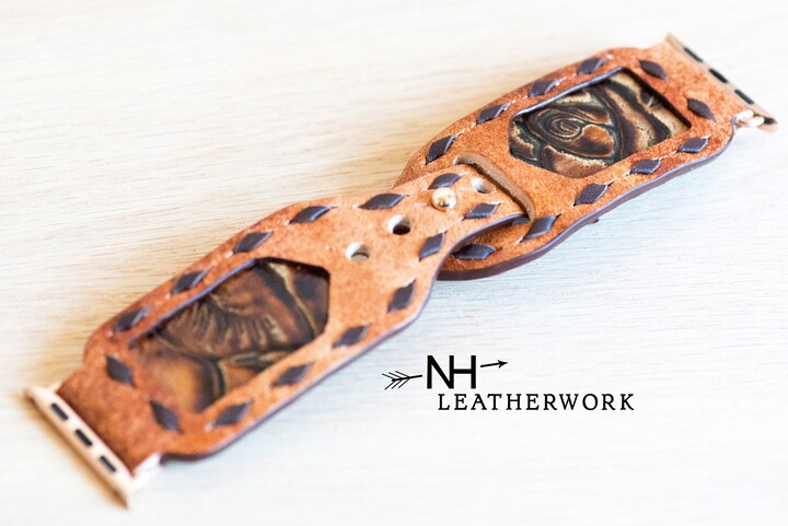 Leather Watch Band, Kangaroo Buckstitch, Burnt Orange Rose For Apple 38mm 40mm 41mm 42mm 44mm 45mm 46mm 49mm, Samsung Galaxy, Ultra 47