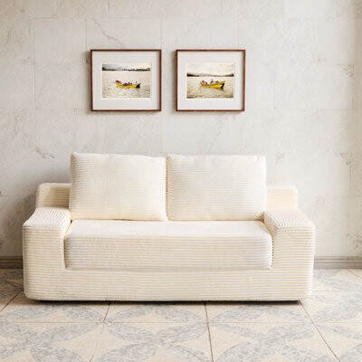 Latitude Run Loveseat Sofa, Corduroy Comfy Deep-Seat Sofa Bed with Reversible Cushion & 3 Pillows – No Assembly Required