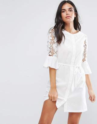 Vila Cotton Dress With Fluted Sleeve And Lace Inserts