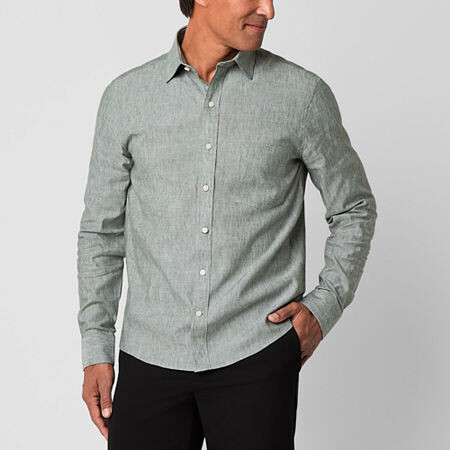 Stafford Linen Blend Mens Long Sleeve Cuffed Sleeve Regular Fit Button-Down Shirt