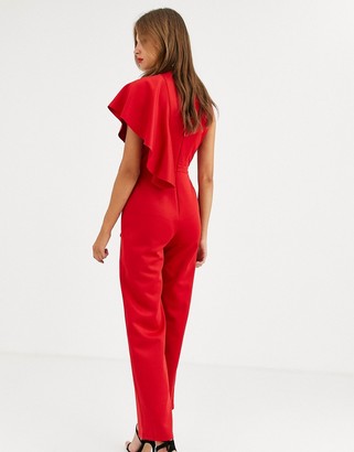 Chi Chi London high neck scuba jumpsuit with frill detail in red