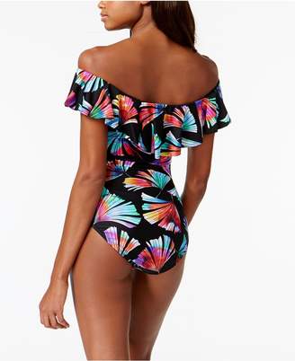 La Blanca Your Number One Fan Printed Off-The-Shoulder Tummy-Control One-Piece Swimsuit