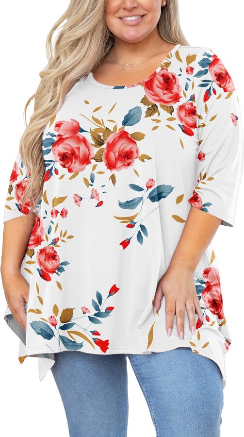 Auslook Women's Plus Size Tunic Tops Wear with Leggings 3/4 Sleeve Floral White Large Blouses Crewneck Pleated Clothing Flowy Loose Babydoll Summer Winter Maternity Shirts Wear with Leggings -