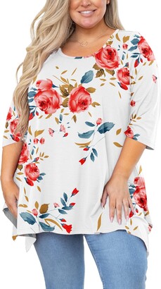 Auslook Women's Plus Size Tunic Tops to Wear with Leggings 3/4 Sleeve Floral  White Large Blouses Crewneck Clothes Pleated Clothing Flowy Loose Fit  Babydoll Summer Fall Winter Maternity Shirts Wear with Leggings 