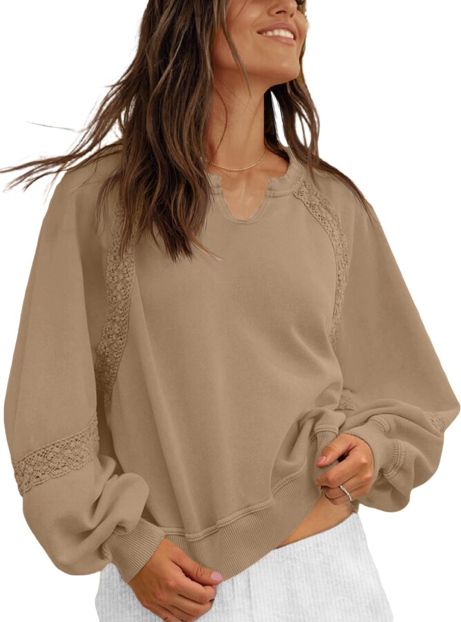 MAOECO Womens Oversized Sweatshirts V Neck Lace Crochet Lantern Long Sleeve Pullover Cropped Tops Fall Outfits Clothes Khaki XX-Large
