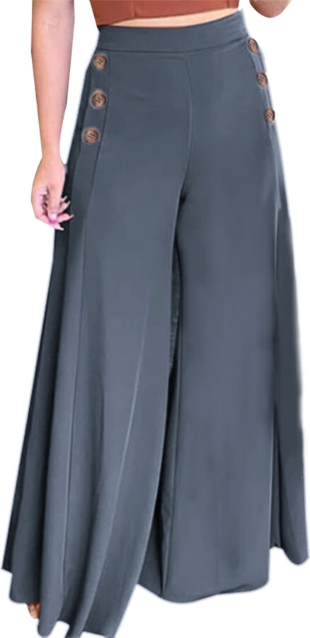 ZANZEA Women Wide Leg Flared Office Trousers Palazzo Pants Work Office High  Rise Elasticated Plus Size 1940s Loose Thick UK Trousers Flared Blue XXL
