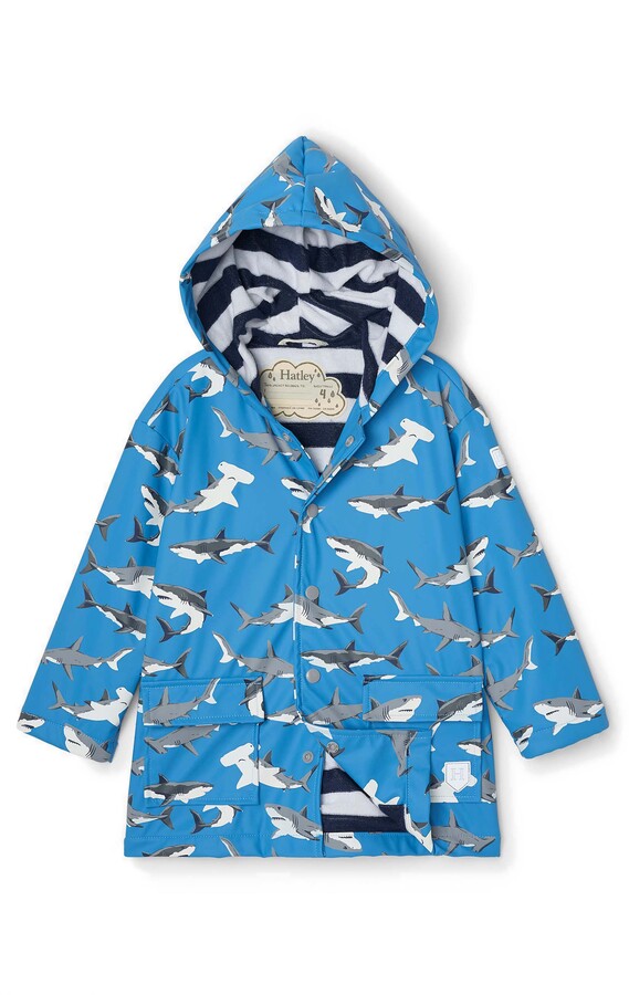 Hatley Kids' Deep Sea Sharks Color Changing Waterproof Hooded Raincoat