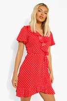 Thumbnail for your product : boohoo Woven Polka Dot Wrap Front Ruffle Tea Dress