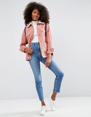 ASOS Cord Girlfriend Jacket in Dusty Pink with Detachable Faux Fur Collar