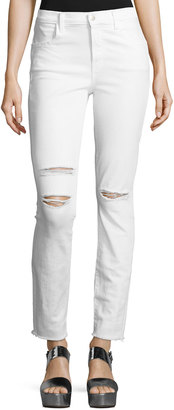 J Brand Maria High-Rise Distressed Skinny Jeans with Raw Hem, White Mercy