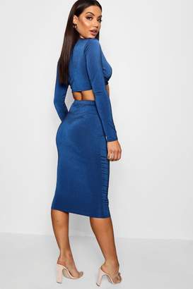 boohoo Knot Long Sleeve Front Crop and Midi Skirt