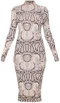 Thumbnail for your product : PrettyLittleThing Tall Taupe Snake Print Slinky High Neck Midi Dress