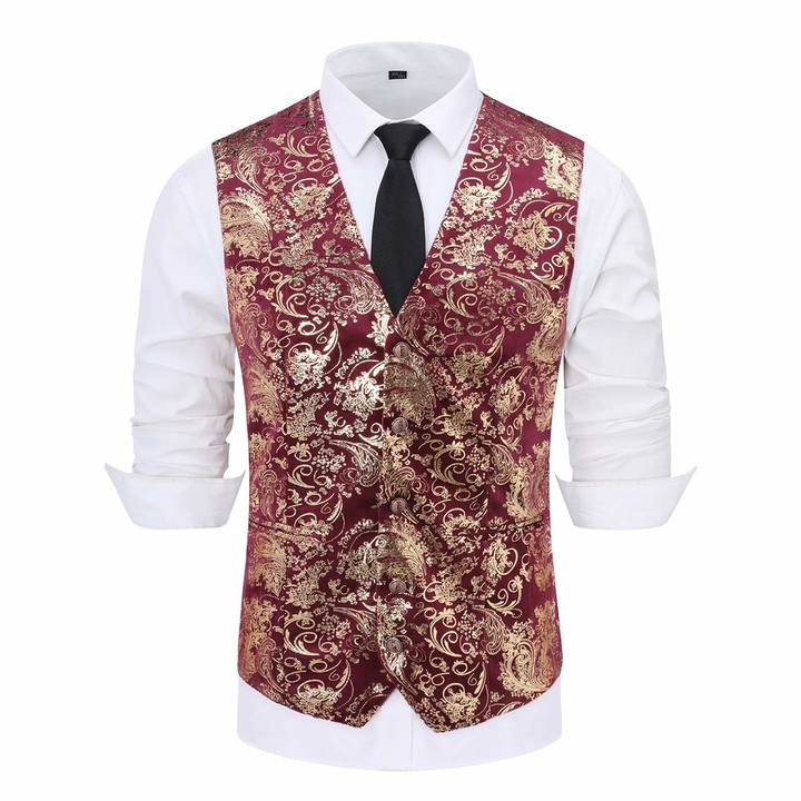 Allthemen Mens Paisley Jacquard Suit Waistcoat Single Breasted Vest