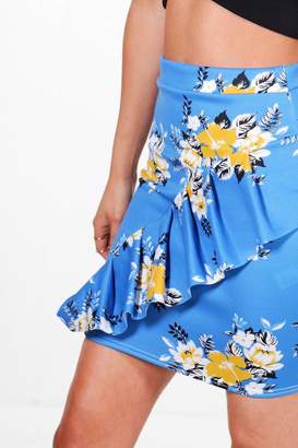 boohoo Piah Oriental Floral Ruffle Front Mini Skirt
