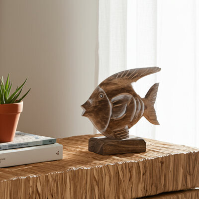 Rosecliff Heights Natural Albasia Wood 8" Angel Fish Figurine- Unique Handcrafted Ocean-Inspired Showpiece