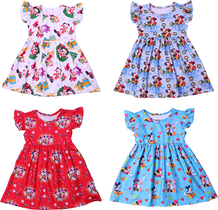 MINISO Disney Christmas Dress little Girls Mickey Clothes V-day Red Pink Dresses Milksilk Casual Cartoon Clothing 1-7Y