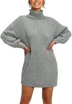 LAISHEN Women Turtleneck Long Lantern Sleeve Sweater Dress Casual Chunky Knit Oversized Pullover Dresses(Gray L)
