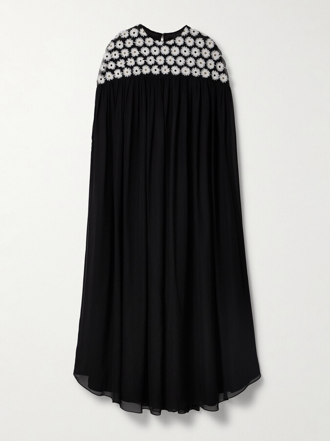 Dima Ayad - Gathered Embroidered Tulle And Georgette Maxi Dress - Black