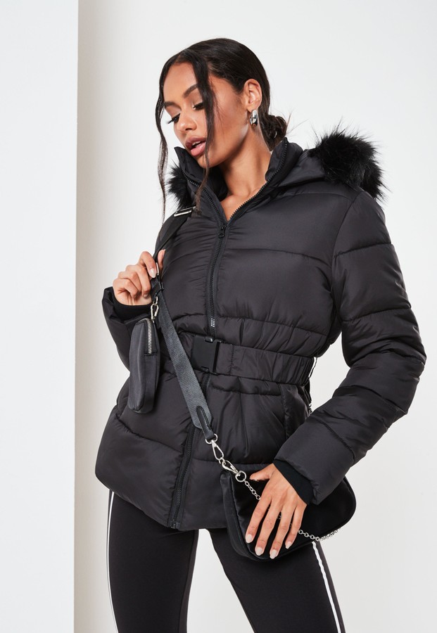 Missguided Black Faux Fur Hood Belted, Black Faux Fur Hooded Belted Puffer Coat