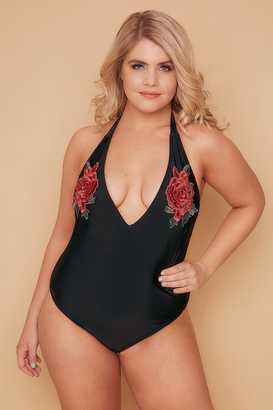 Yours Clothing WOLF & WHISTLE Black Floral Rose Applique Halter Plunge Swimsuit