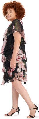 SL Fashions Plus Size Floral-Print Tiered Embellished-Neck Dress