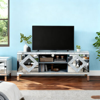 Mercer41 Mirrored TV Stand for 65+ inch TVSliver TV Console Table with Open Storage