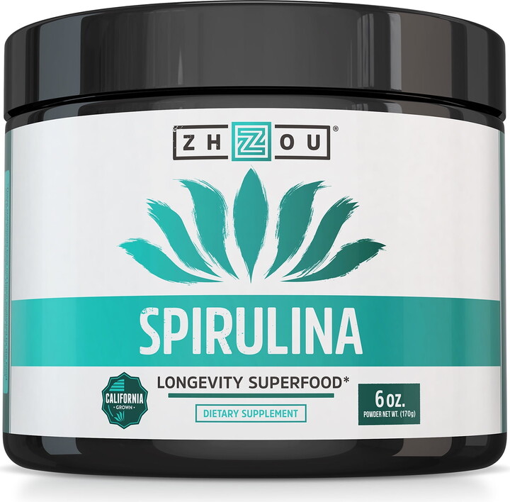 Zhou Nutrition Zhou Spirulina Powder, Nutrient Rich Superfood, California Grown, 100% Pure, Vegan, Gluten Free, Non-GMO, Non-Irradiated, Perfect for Smoothies, Juices, 48 Servings, 6 oz