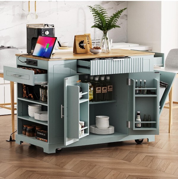 Harper&Bright Designs FlutedKitchenIslandwithTrashCanStorageCabinetRollingKitchenIslandsonWheelswithDrawerGrey-Blue