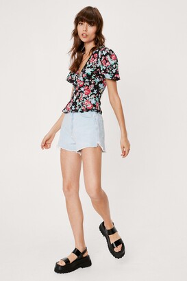 Nasty Gal Womens Floral Short Puff Sleeve Button Up Blouse - Black - 12