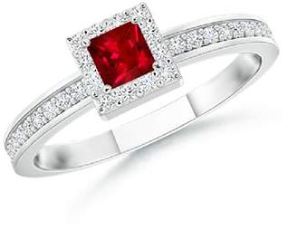 Angara.com Square Ruby Stackable Ring with Diamond Halo in 14K White Gold (3mm Ruby)