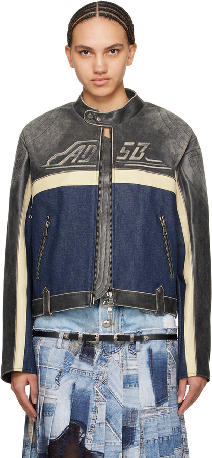ANDERSSON BELL Gray & Blue Racing Leather Jacket - ShopStyle ANDERSSON BELL Gray & Blue Racing Leather Jacket - ShopStyle
